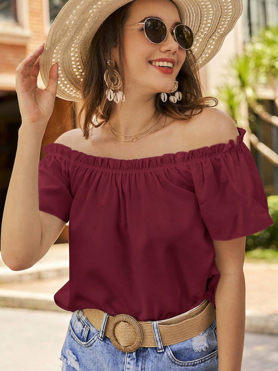 SHEIN VCAY Blusa simple de hombros descubiertos de unicolor para mujer, uso diario - Burdeos - Ver 1