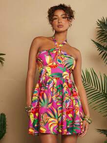 Travachic 女式热带印花吊带夏季连衣裙 - 玫紅色 - 查看 3