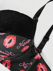 Conjunto de lencería sujetador y braguita con aros y estampado de labios - Negro - Ver 5