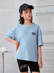 SHEIN Camiseta Casual de Manga Curta e Gola Redonda com Estilo Japonês e Estampa de Letras para Meninas Adolescentes