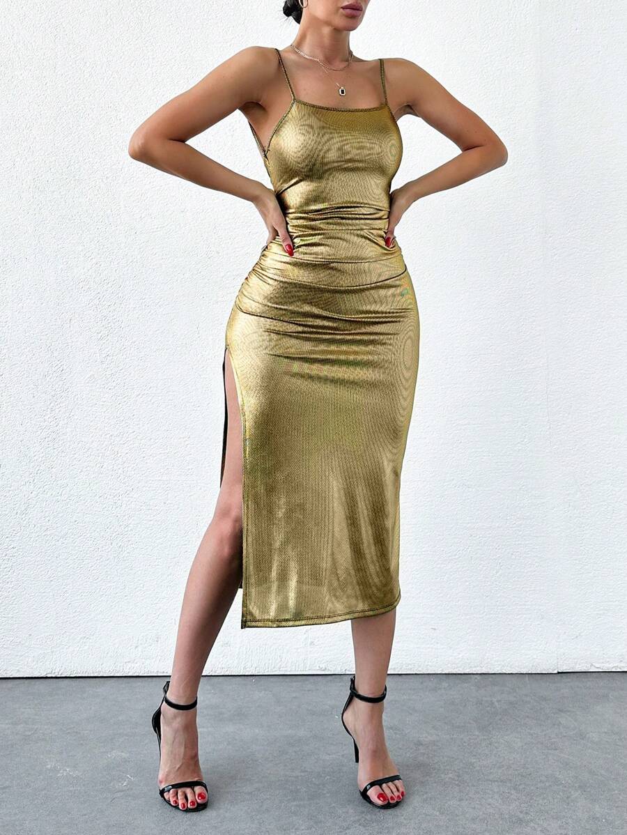 EURMUSE Solid Split Thigh Cami Dress - Gold - View 1