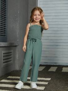 Young Girl Casual Fashion Solid Color Camisole Top With Ruffle Trim And Drawstring Wide Leg Pants Set, Family Matching Outfits Mommy And Me (2 Sets Sold Separately)