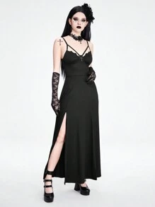 ROMWE Dark Gothic Vampire Style Bat Wing Asymmetrical Collar Bodycon Dress With High Slit For Women - Black - View 5