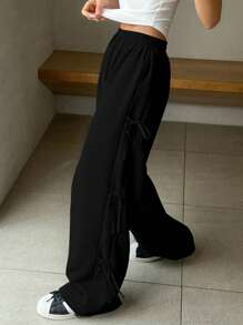 DAZY Women's Loose Casual Solid Color Drawstring Waist Jogger Pants With Bow Decor - Black - View 4
