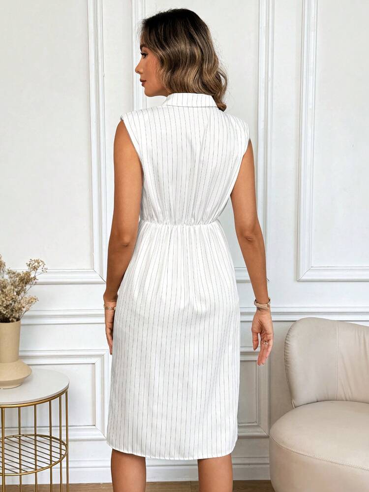 Striped Sleeveless Shoulder-Padded Women's Shirt Work Dress