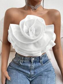 Rafferiza Women's Floral Cropped Top, Solid Color, Strapless, Sleeveless, Summer - White - View 3