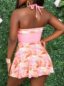 SHEIN Slayr Women's Full Print Lace Up Neck Halter Bikini Set With Swim Dress And Triangle Bottoms, Summer Beachwear - Multicolor - View 2