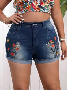 Breezaya Quần short denim thêu đơn giản hàng ngày dành cho nữ có kích thước lớn - Màu xanh lam - Xem 7