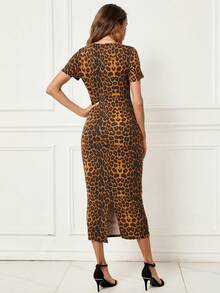 SHEIN Clasi Women's Elegant Bodycon Abstract Printed Dress Turquoise Dress - Rust Brown - View 3