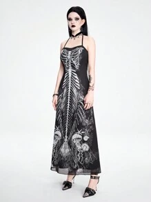 ROMWE Fairycore Women's Fashionable Mesh Halter Mermaid Skeleton Print Dress - Black - View 5