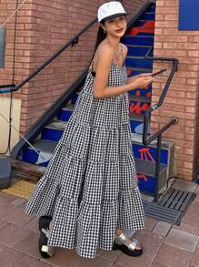 DAZY 女士休闲格子印花夏日假日细肩带连衣裙太阳裙 - 藏蓝色 - 查看 2