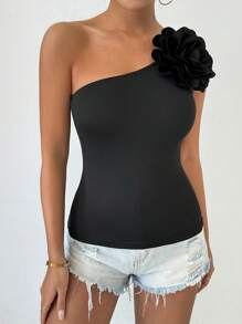 Chiquease Summer Plain Slim Fit Top With 3d Flower Decoration And Asymmetric Collar - Black - View 5