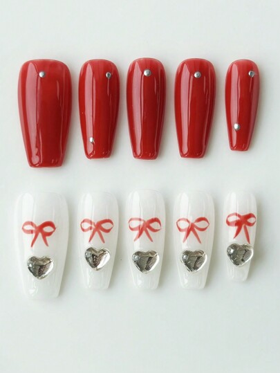 Kawaii 10pcs Sweet And Cool Wind Diamond Heart Handmade Fake Nails + 3pcs Double-Sided Stickers, Detachable Hand-Painted Bowknot Nail Stickers, High-Quality Glossy Contrast Colored Nail, Suitable For Festival, Party, Dancing And Daily Wear