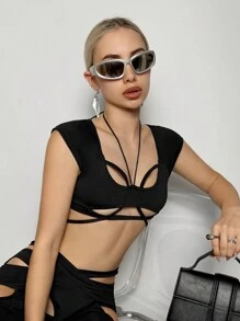 SHEIN ICON Top court et ajusté pour femme avec design de découpe asymétrique, col montant et fines bretelles, style Y2K pour l'été