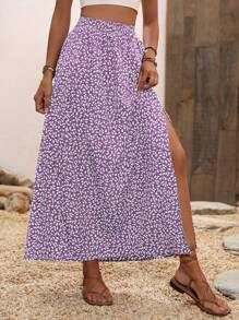Breezaya Falda casual de vacaciones estampada floral con abertura en el muslo para el verano
