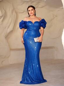 SHEIN Belle Plus Size Blue Sequin Spliced Organza Puff Sleeve Queen Anne Neckline Elegant Formal Evening Dress Prom Wedding Guest Gown, For Graduation, Dinner Party Dress - Blue - View 7