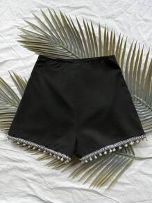 Soleia 假期女士音樂節流蘇拼縫裙短褲，使用絲帶拼接流蘇裝飾紋理面料 - 黑色 - 查看 2
