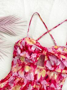SHEIN Monos informales para niñas preadolescentes con estampado floral, lazo trenzado y tirantes cruzados