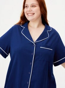 LUVLETTE 女士加大码柔软纯棉基础款纽扣睡衣套装，100%纯棉家居服套装，女士平角内裤套装 - 藏蓝色 - 查看 6