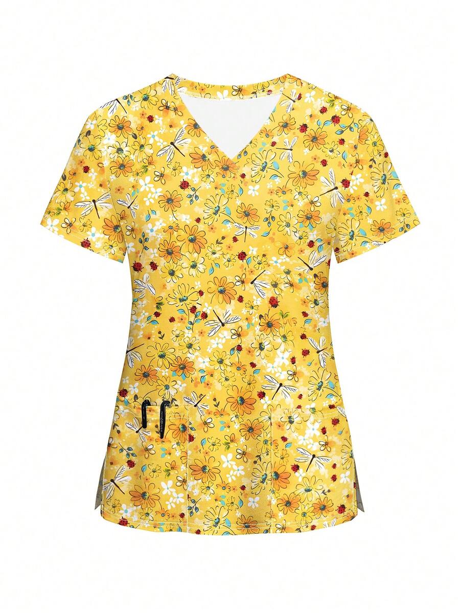 Top Fashion Scrub de Manga Curta com Mini Estampa Floral - Amarelo - Visão 1