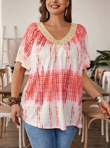 EMERY ROSE Áo thun cỡ lớn cổ chữ V nhuộm cà vạt mùa hè có cổ ren - Nhiều màu - Xem 4