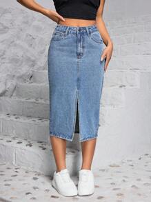 SHEIN PETITE Falda de mezclilla informal con raja frontal para el verano