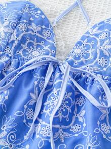 Soleia Women's Summer Romantic Countryside Style Embroidered Collar With White Flowers On Blue Background, Lace Patchwork, Front Bowknot, Strap, Open Back, Cross Design, Perfect For Afternoon Tea Party, Graduation Season