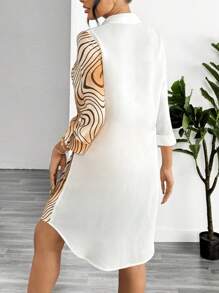 SHEIN Essnce Robe-chemise pour femmes d'été décontractée à boutons imprimée en blocs de couleurs avec manches retroussées