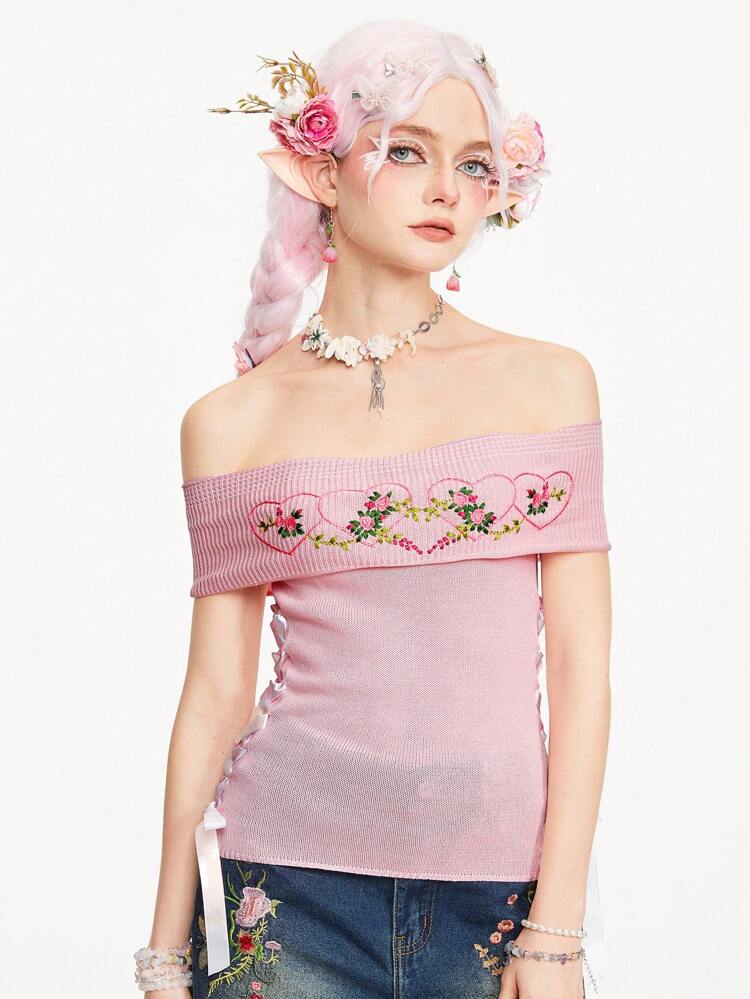 Women's Floral Heart Embroidered Off-Shoulder Knitted Top With Bowknot Belt
