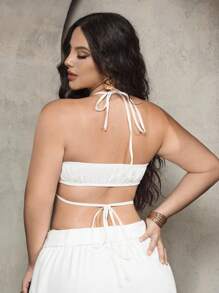 SHEIN SXY Top corto estivo in lino con stampa floreale BOHO adatto alle vacanze estive in spiaggia con cerchio - Bianco - Visualizzare 2