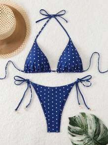 Conjunto de bikini sexy para mujer con estampado de lunares para playa de verano, con cuello halter y estampado aleatorio