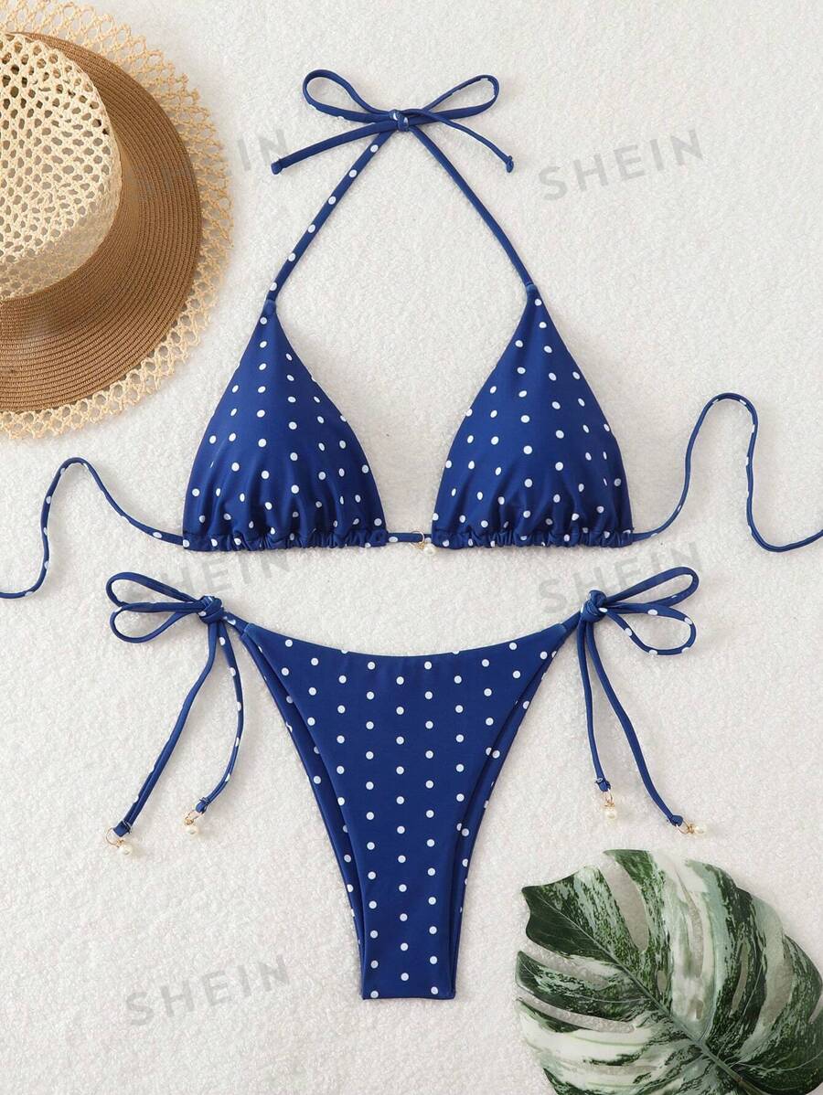 Conjunto de bikini sexy para mujer con estampado de lunares para playa de verano, con cuello halter y estampado aleatorio
