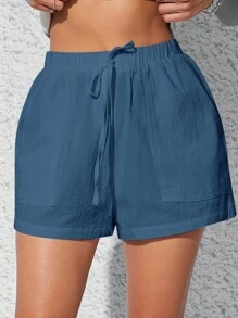 SHEIN EZwear 2 条装纯色松紧腰系带斜口袋短裤