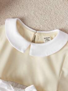SHEIN Newborn Baby Girl Cute Casual Classical Knitted Patchwork Embroidered Lace Peter Pan Collar Long Sleeve Romper With Headband Set (Snap Closure) - Apricot - View 4