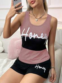 Slogan Printed Color-Block Vest & Shorts Pajama Set