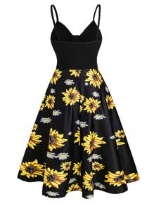 SHEIN Clasi 女士向日葵印花吊带半纽扣前中长连衣裙长款女装 - 黑色 - 查看 2