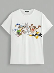 LOONEY TUNES X SHEIN Unisex Neutral White Summer Casual Cartoon Classic Print Short Sleeve Round Neck T-Shirt - White - View 4