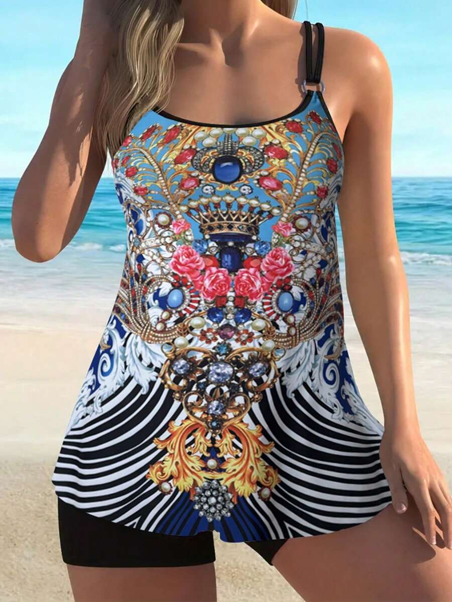 Swim Lushoire Summer Women Fashionable Holiday Style Printed One-Piece Dress (With Placed Print) - Multicolor - View 1