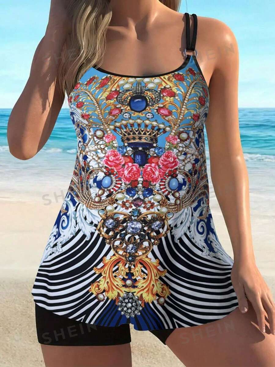 Swim Lushoire Vestido de una pieza con estampado para mujer, estilo fashionable de vacaciones de verano (con estampado colocado) - Multicolor - Ver 1