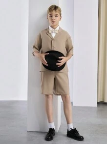 SHEIN 2pcs Tween Boys' Gentleman Suit Short Sleeve Lapel Jacket And Shorts/Pants, Elegant Dress For Birthday Party, Evening Party, Wedding, Christening, Anniversary, Back-To-School Season - Mocha Brown - View 6