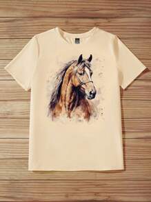 EMERY ROSE Áo thun cổ tròn tay ngắn in hình ngựa giản dị thoải mái vừa vặn mùa hè dành cho nữ - Màu be - Xem 3