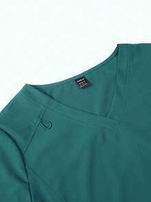 SHEIN TaskFit Comfortable And Well-Fitted V-Neck Short Sleeve Scrub Top With Multiple Pockets And Ear Details - Dark Green - View 3