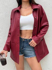 SHEIN EZwear Button Front Drop Shoulder  Red PU Leather Coat - Burgundy - View 5