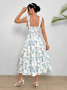 SHEIN PETITE 浪漫花朵印花無袖連身裙，毛邊束腰設計，夏季必備 - 淺藍色 - 查看 2