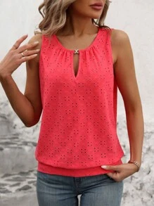 INAWLY Plus Size Solid Color Keyhole Neck Hollow Out Embroidery Summer Casual Tank Top - Watermelon Pink - View 4