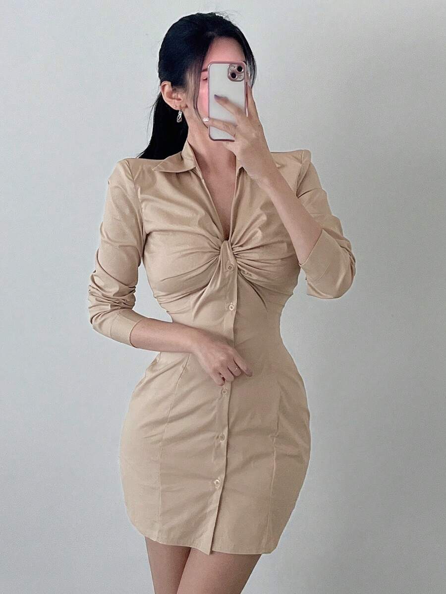 DAZY 女式低胸紧身衬衫裙、秋季连衣裙、长袖连衣裙 - 卡其色 - 查看 1