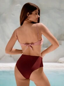 SHEIN Swim Women's Summer Beach Color Blocking Ring Linked Ruched Sexy Bikini Set