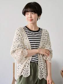 FRIFUL Women's Solid Color Simple Everyday Openwork Cardigan,Short Sleeve Tops Sheer - Apricot - View 4