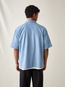 Manfinity VCAY Áo sơ mi dệt kim ngắn tay mùa hè dành cho nam có thêu chữ và nút chụp - Màu xanh lam - Xem 2