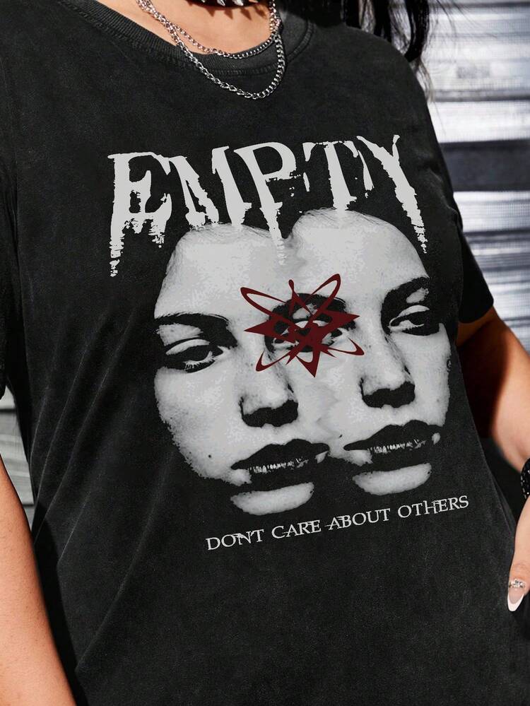 Abi Nihilism Couple Face Printed Snow Washed Plus Size T-Shirt